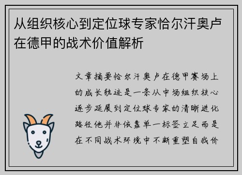 从组织核心到定位球专家恰尔汗奥卢在德甲的战术价值解析 从组织核心到定位球专家恰尔汗奥卢在德甲的战术价值解析