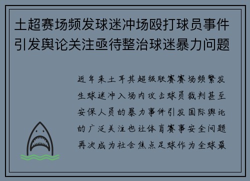 土超赛场频发球迷冲场殴打球员事件引发舆论关注亟待整治球迷暴力问题 土超赛场频发球迷冲场殴打球员事件引发舆论关注亟待整治球迷暴力问题